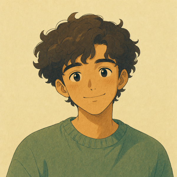 An illustrated portrait of a person with curly dark hair.