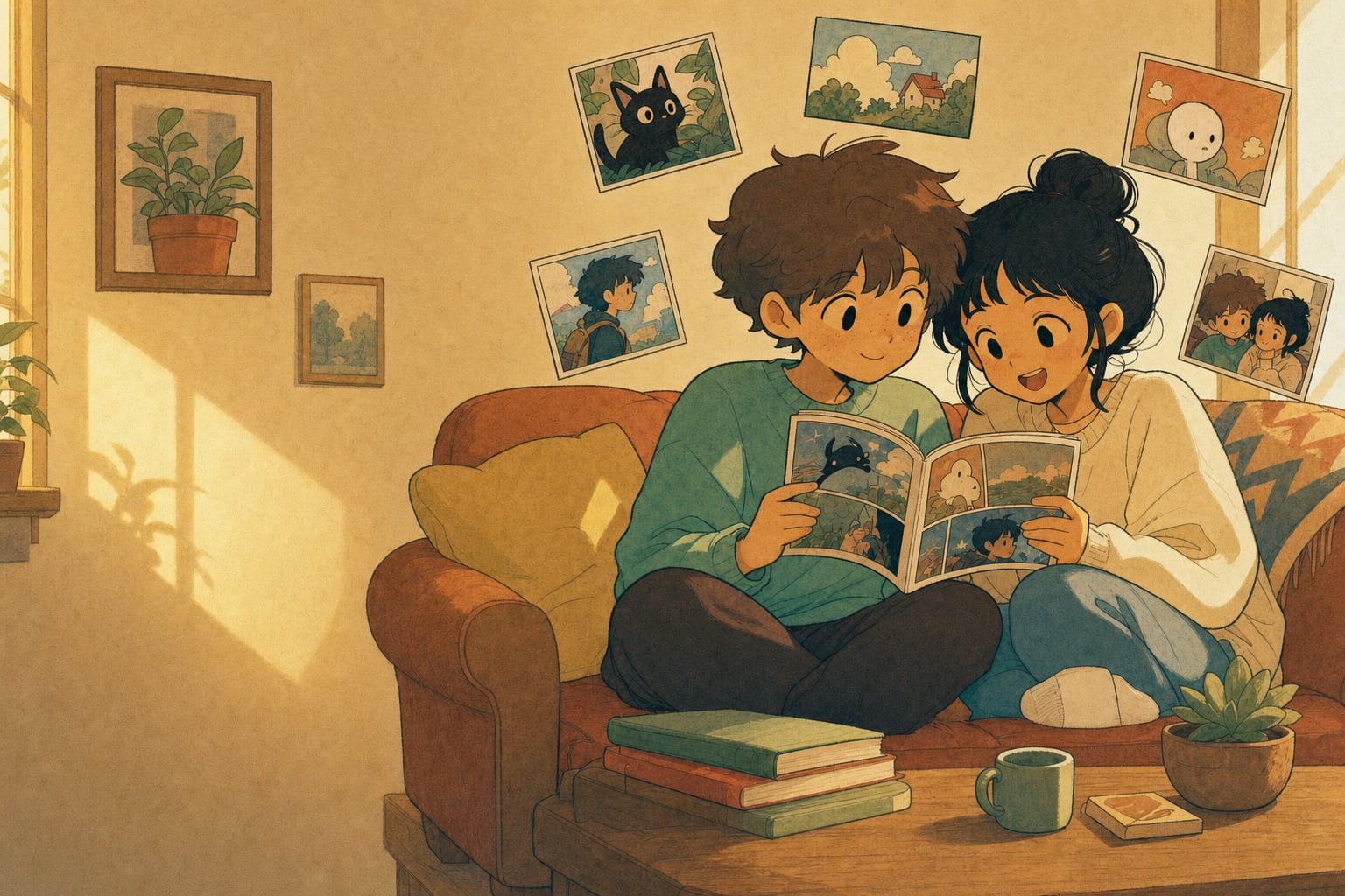 Two friends sitting close together on a couch, reading their efaimo comic, with framed comic panels and polaroids on the wall behind them.