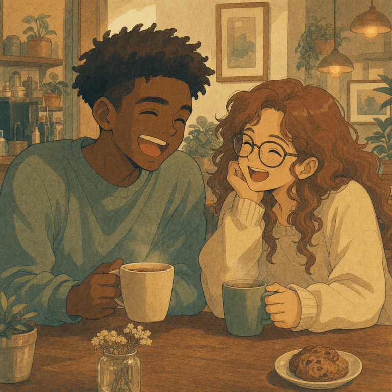 A comic panel of the two friends: the cafe.