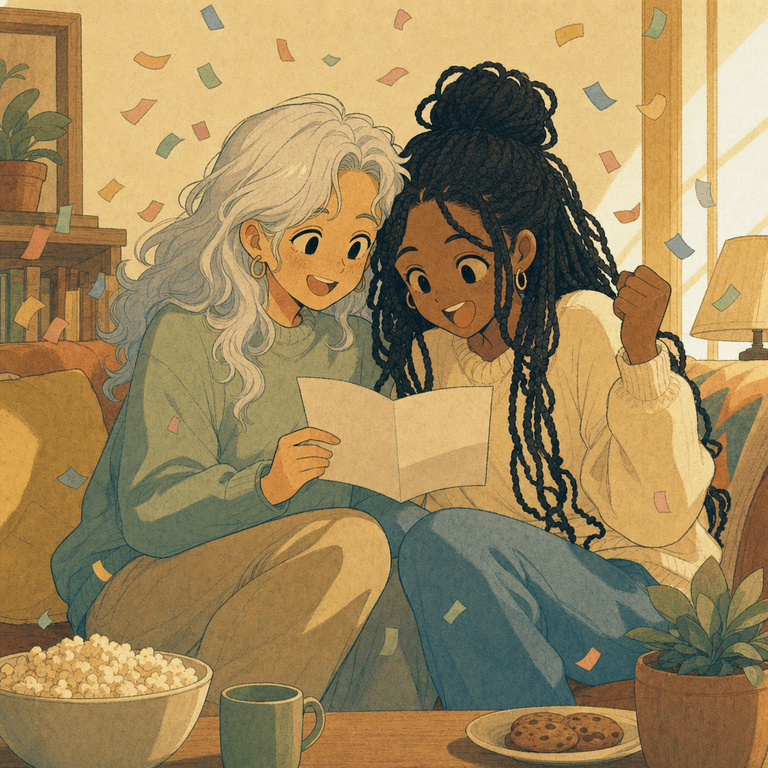 A comic panel of the two friends: good news.