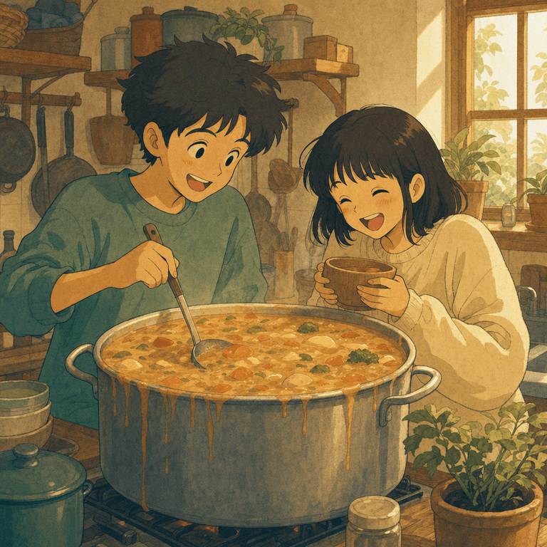 A comic panel of the two friends: too much soup.